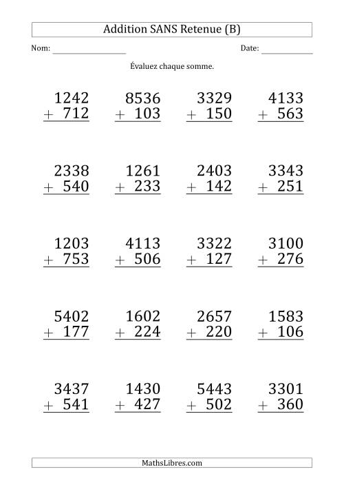 Addition d'un Nombre à 4 Chiffres par un Nombre à 3 Chiffres SANS retenue (Gros Caractère) (B)