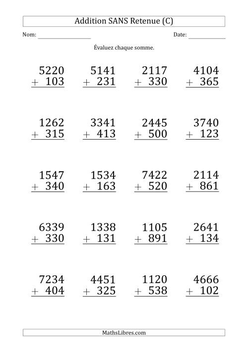 Addition d'un Nombre à 4 Chiffres par un Nombre à 3 Chiffres SANS retenue (Gros Caractère) (C)
