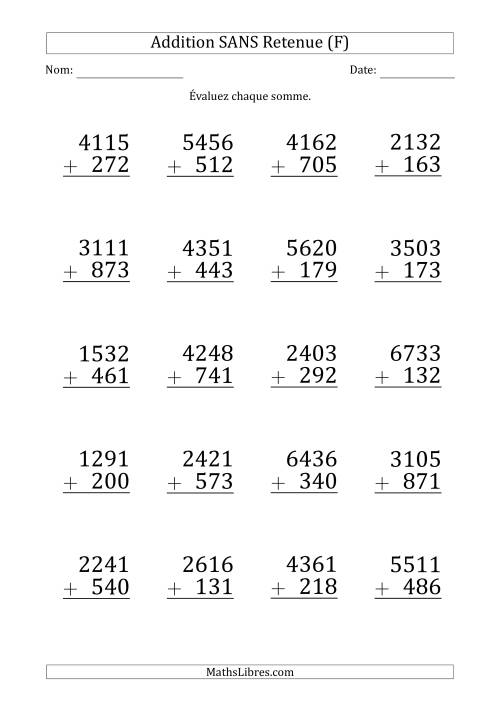 Addition d'un Nombre à 4 Chiffres par un Nombre à 3 Chiffres SANS retenue (Gros Caractère) (F)