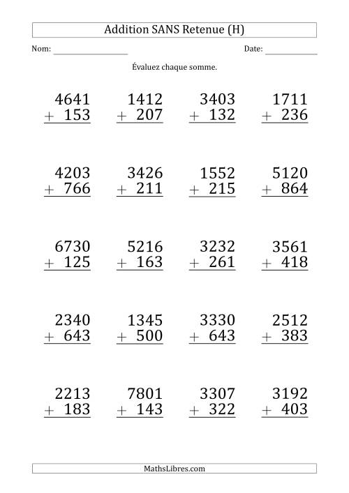 Addition d'un Nombre à 4 Chiffres par un Nombre à 3 Chiffres SANS retenue (Gros Caractère) (H)