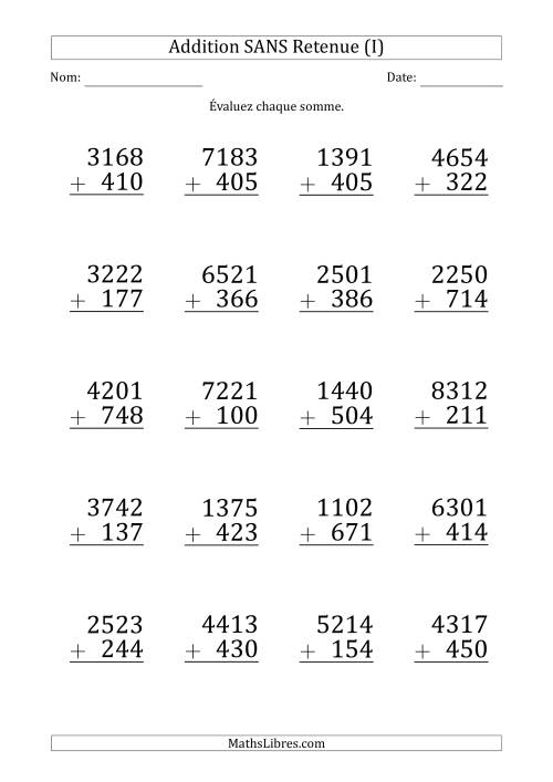 Addition d'un Nombre à 4 Chiffres par un Nombre à 3 Chiffres SANS retenue (Gros Caractère) (I)