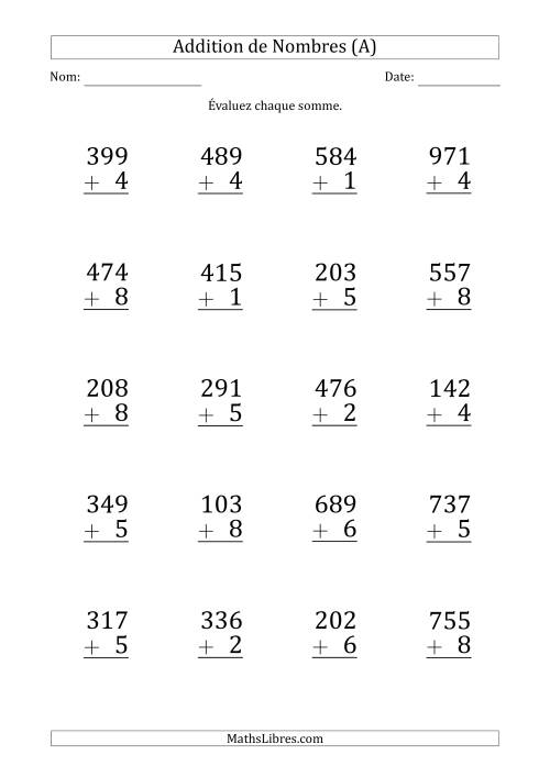 Addition d'un Nombre à 3 Chiffres par un Nombre à 1 Chiffre (Gros Caractère) (A)