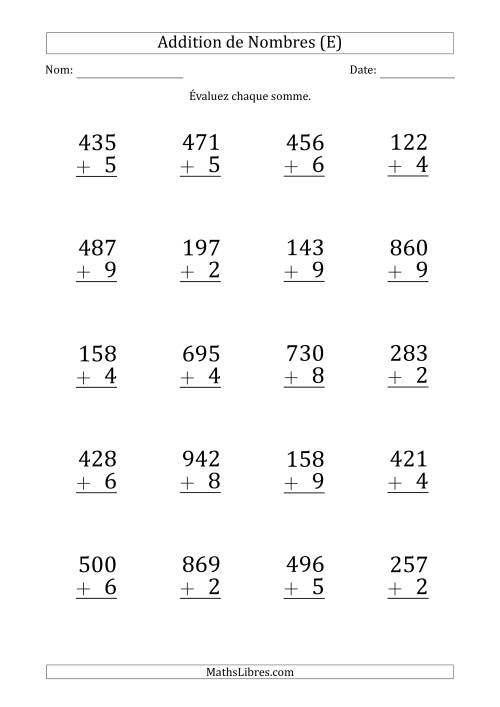 Addition d'un Nombre à 3 Chiffres par un Nombre à 1 Chiffre (Gros Caractère) (E)