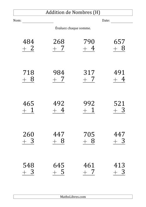 Addition d'un Nombre à 3 Chiffres par un Nombre à 1 Chiffre (Gros Caractère) (H)