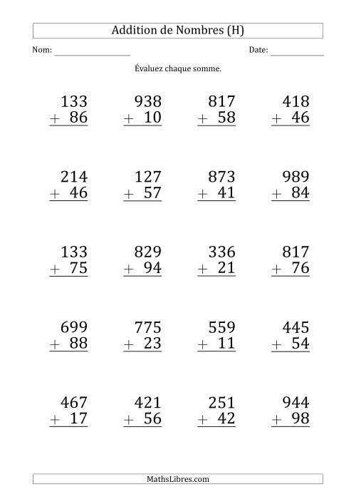 Addition d'un Nombre à 3 Chiffres par un Nombre à 2 Chiffres (Gros Caractère) (H)