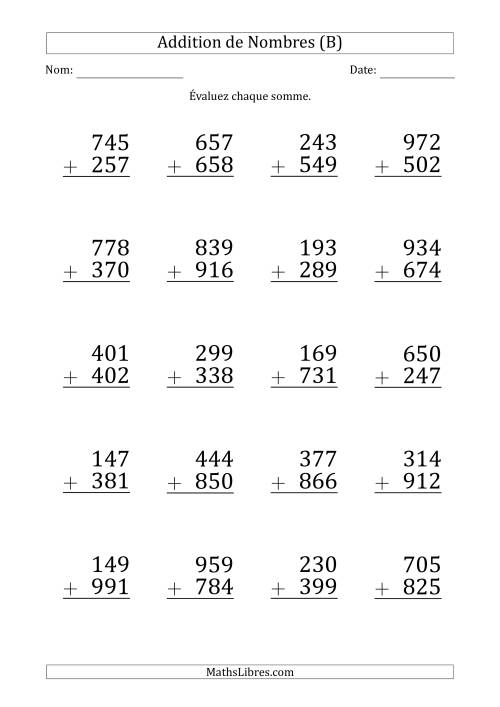 Addition d'un Nombre à 3 Chiffres par un Nombre à 3 Chiffres (Gros Caractère) (B)