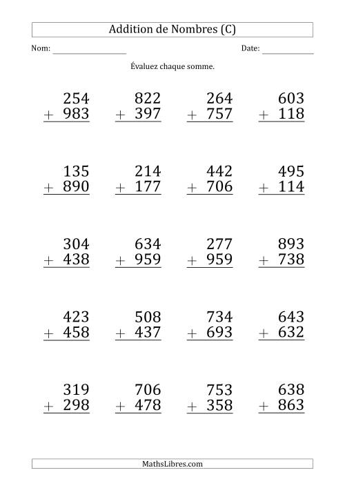Addition d'un Nombre à 3 Chiffres par un Nombre à 3 Chiffres (Gros Caractère) (C)