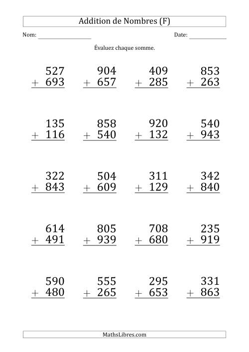 Addition d'un Nombre à 3 Chiffres par un Nombre à 3 Chiffres (Gros Caractère) (F)