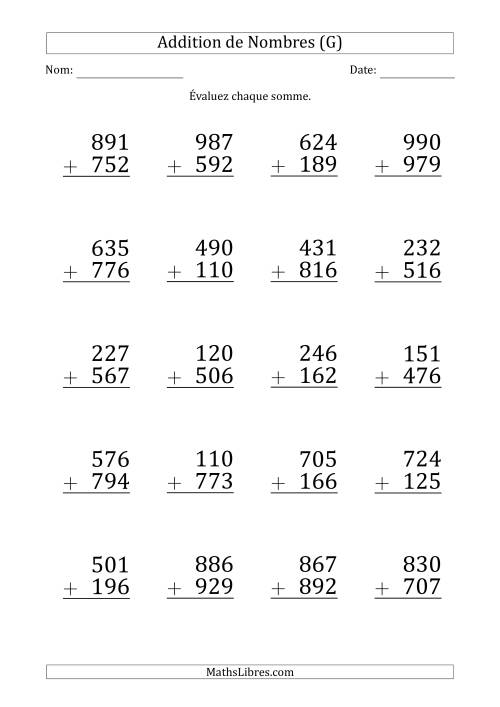 Addition d'un Nombre à 3 Chiffres par un Nombre à 3 Chiffres (Gros Caractère) (G)