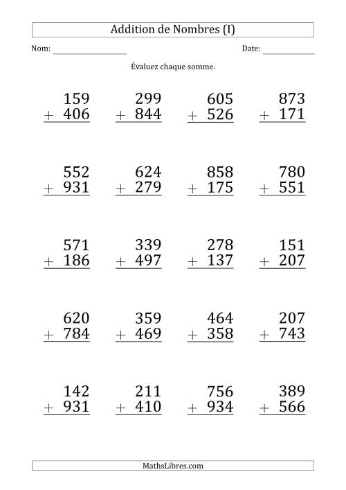 Addition d'un Nombre à 3 Chiffres par un Nombre à 3 Chiffres (Gros Caractère) (I)