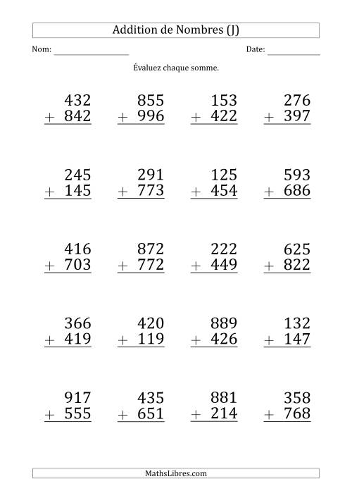 Addition d'un Nombre à 3 Chiffres par un Nombre à 3 Chiffres (Gros Caractère) (J)