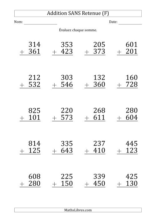 Addition d'un Nombre à 3 Chiffres par un Nombre à 3 Chiffres SANS retenue (Gros Caractère) (F)