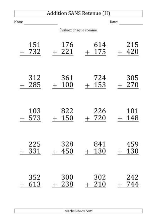 Addition d'un Nombre à 3 Chiffres par un Nombre à 3 Chiffres SANS retenue (Gros Caractère) (H)