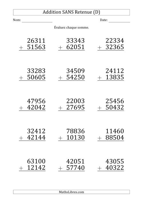 Addition d'un Nombre à 5 Chiffres par un Nombre à 5 Chiffres SANS retenue (Gros Caractère) (D)