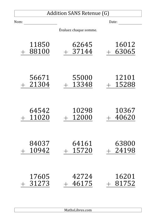Addition d'un Nombre à 5 Chiffres par un Nombre à 5 Chiffres SANS retenue (Gros Caractère) (G)