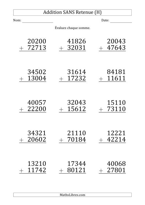 Addition d'un Nombre à 5 Chiffres par un Nombre à 5 Chiffres SANS retenue (Gros Caractère) (H)