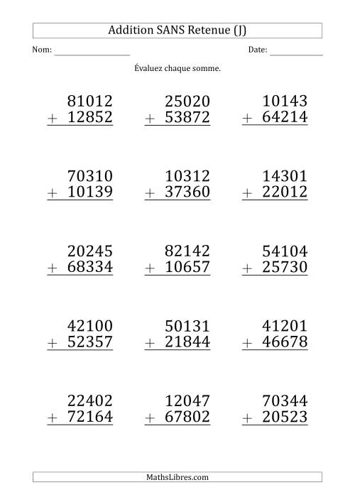 Addition d'un Nombre à 5 Chiffres par un Nombre à 5 Chiffres SANS retenue (Gros Caractère) (J)