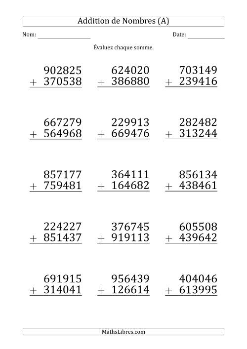 Addition d'un Nombre à 6 Chiffres par un Nombre à 6 Chiffres (Gros Caractère) (A)