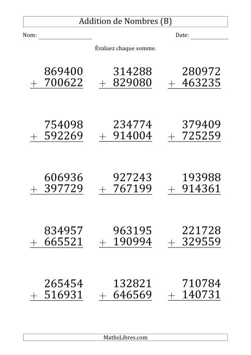 Addition d'un Nombre à 6 Chiffres par un Nombre à 6 Chiffres (Gros Caractère) (B)