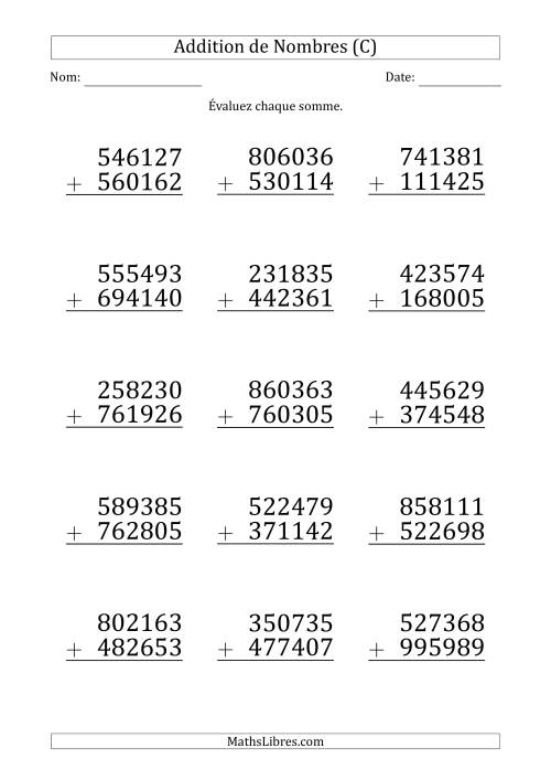 Addition d'un Nombre à 6 Chiffres par un Nombre à 6 Chiffres (Gros Caractère) (C)
