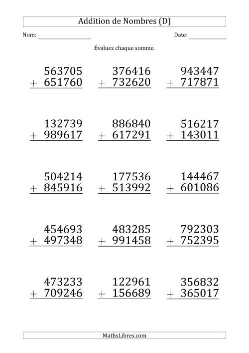 Addition d'un Nombre à 6 Chiffres par un Nombre à 6 Chiffres (Gros Caractère) (D)