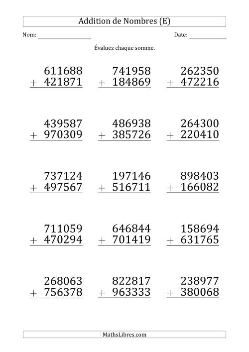 Addition d'un Nombre à 6 Chiffres par un Nombre à 6 Chiffres (Gros Caractère) (E)