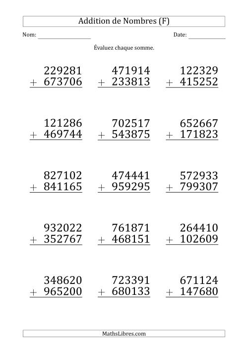 Addition d'un Nombre à 6 Chiffres par un Nombre à 6 Chiffres (Gros Caractère) (F)