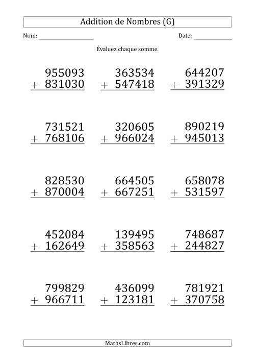 Addition d'un Nombre à 6 Chiffres par un Nombre à 6 Chiffres (Gros Caractère) (G)