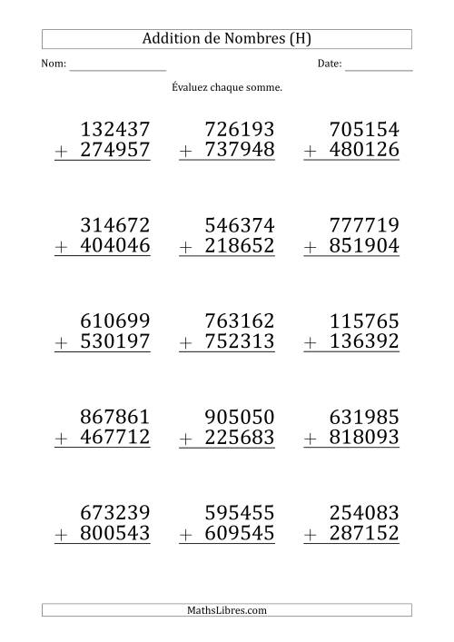 Addition d'un Nombre à 6 Chiffres par un Nombre à 6 Chiffres (Gros Caractère) (H)