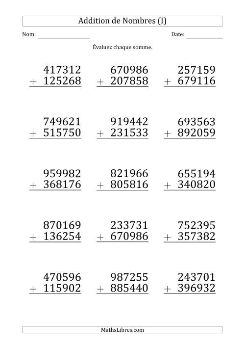 Addition d'un Nombre à 6 Chiffres par un Nombre à 6 Chiffres (Gros Caractère) (I)