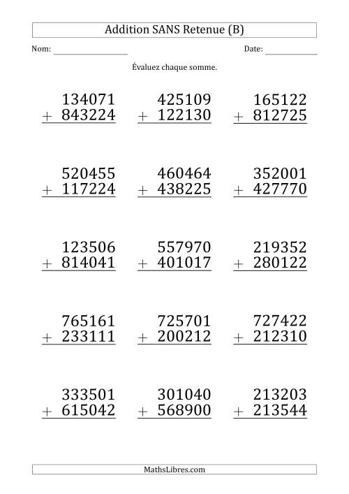 Addition d'un Nombre à 6 Chiffres par un Nombre à 6 Chiffres SANS retenue (Gros Caractère) (B)