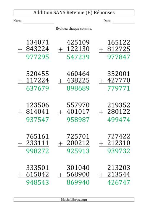 Addition d'un Nombre à 6 Chiffres par un Nombre à 6 Chiffres SANS retenue (Gros Caractère) (B) page 2