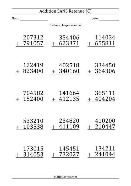 Addition d'un Nombre à 6 Chiffres par un Nombre à 6 Chiffres SANS retenue (Gros Caractère) (C)
