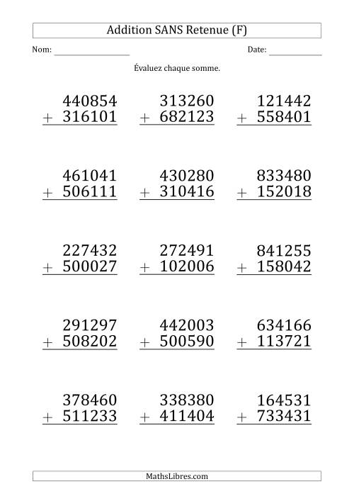 Addition d'un Nombre à 6 Chiffres par un Nombre à 6 Chiffres SANS retenue (Gros Caractère) (F)