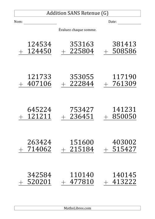 Addition d'un Nombre à 6 Chiffres par un Nombre à 6 Chiffres SANS retenue (Gros Caractère) (G)