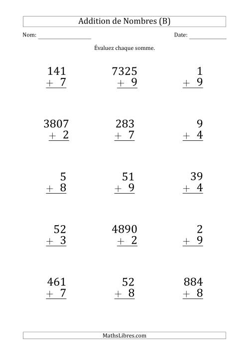 Addition de Divers Nombres par un Nombre à 1 Chiffre (Gros Caractère) (B)