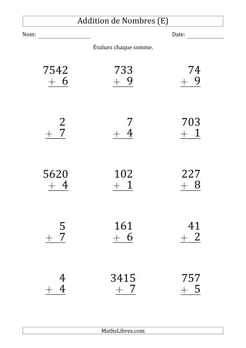 Addition de Divers Nombres par un Nombre à 1 Chiffre (Gros Caractère) (E)