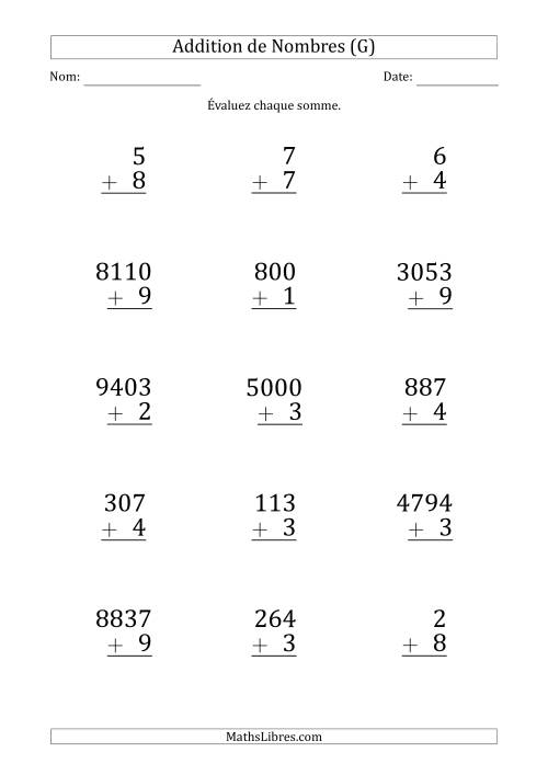 Addition de Divers Nombres par un Nombre à 1 Chiffre (Gros Caractère) (G)