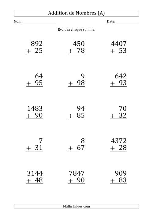 Addition de Divers Nombres par un Nombre à 2 Chiffres (Gros Caractère) (A)