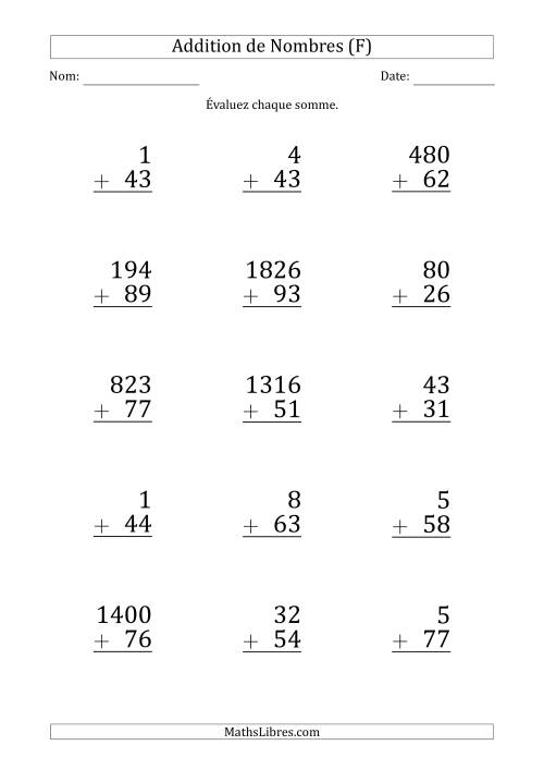 Addition de Divers Nombres par un Nombre à 2 Chiffres (Gros Caractère) (F)