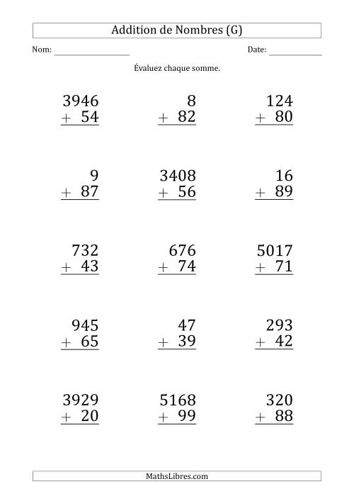 Addition de Divers Nombres par un Nombre à 2 Chiffres (Gros Caractère) (G)
