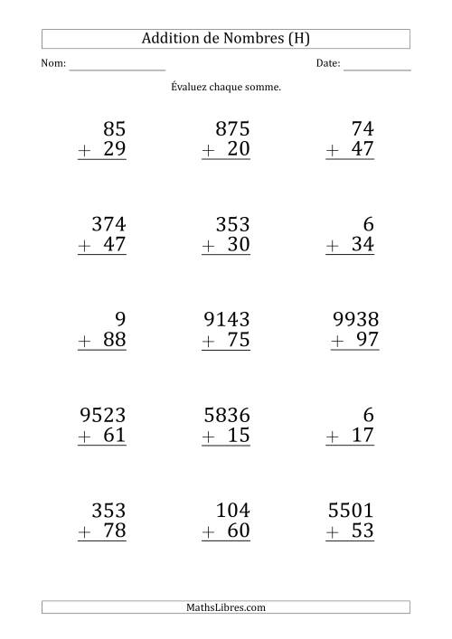 Addition de Divers Nombres par un Nombre à 2 Chiffres (Gros Caractère) (H)