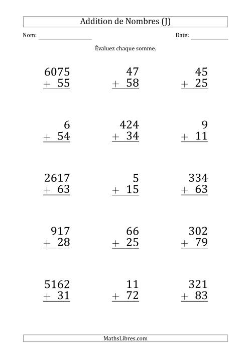 Addition de Divers Nombres par un Nombre à 2 Chiffres (Gros Caractère) (J)