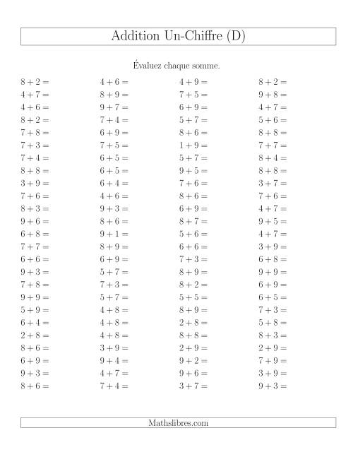 Addition de nombres à un chiffre avec retenue -- 100 par page (D)