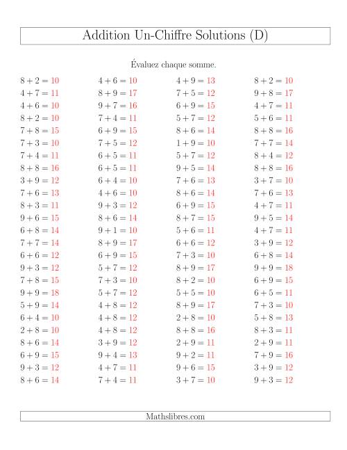 Addition de nombres à un chiffre avec retenue -- 100 par page (D) page 2