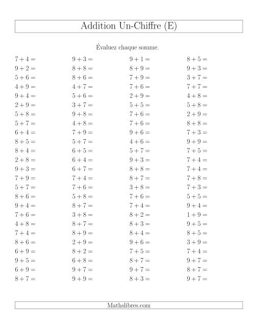 Addition de nombres à un chiffre avec retenue -- 100 par page (E)