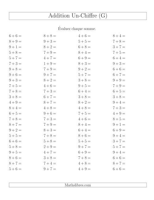 Addition de nombres à un chiffre avec retenue -- 100 par page (G)