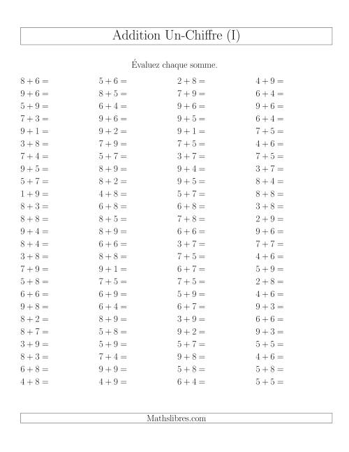 Addition de nombres à un chiffre avec retenue -- 100 par page (I)