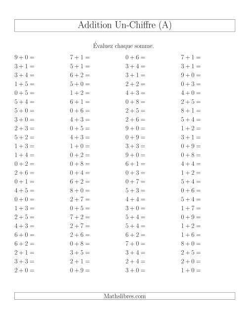 Addition de nombres à un chiffre sans retenue -- 100 par page (A)
