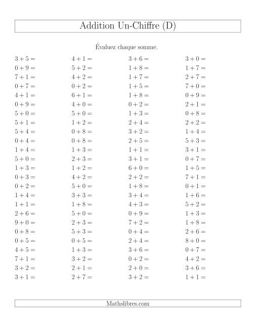 Addition de nombres à un chiffre sans retenue -- 100 par page (D)
